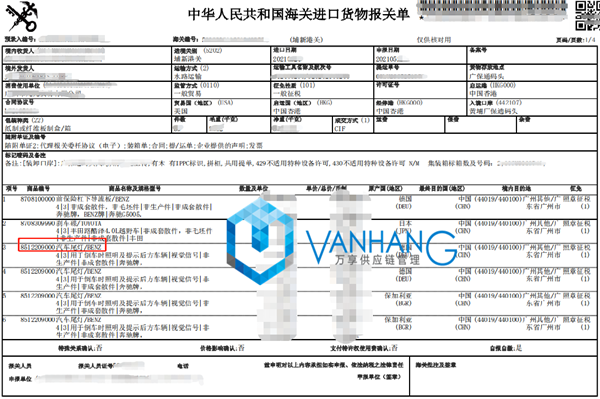 進口車燈汽車配件報關