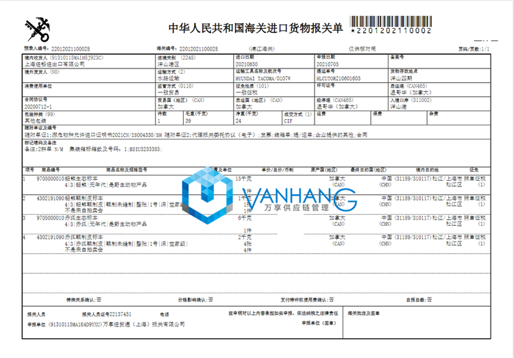 進口加拿大赤狐生態標本報關