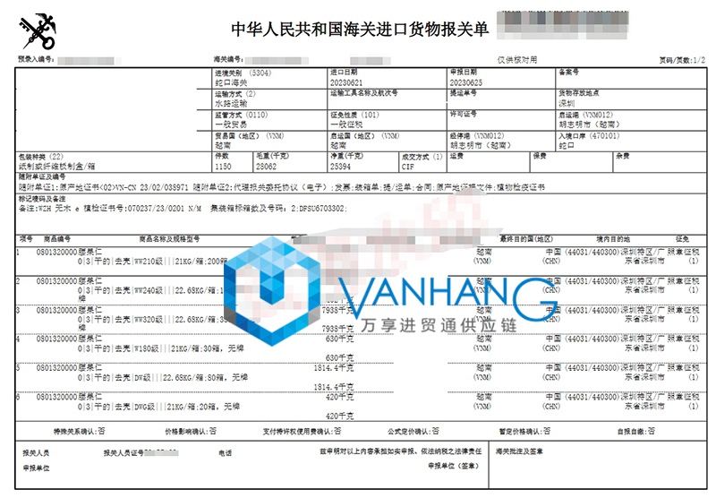 深圳進口越南腰果仁報關資料